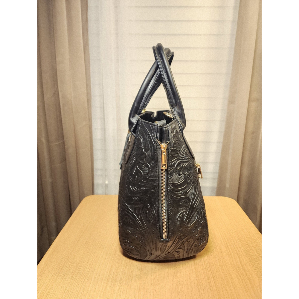 Black Zippered Floral Embossed Tooled Artisan LEATHER Hobo Bag Purse Artesanal - Picture 7 of 16